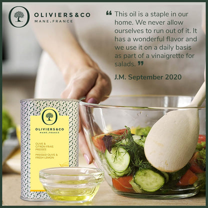 Cold Pressed Lemon Olive Oil by Oliviers & Co | Extra Virgin Olive Oil with Fresh Whole Lemons | Gourmet Italian EVOO for Seafood, Vegetables & Desserts | 8.4 Fl Oz in Metal Tin