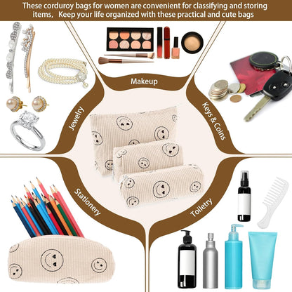 3 Pcs Makeup Bag Set for Women Corduroy Cosmetic Pouch Aesthetic Smile Travel Toiletry Bag Cute Purse Pouch Pencil Case Makeup Brushes Storage Organizer for Christmas(Beige,Smile Face)