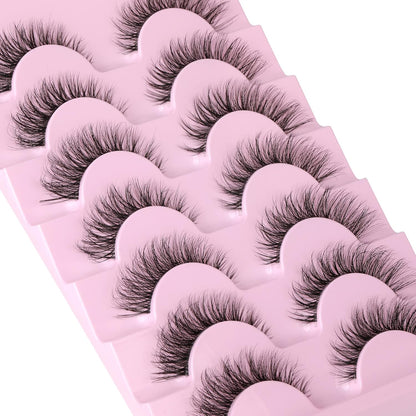 JIMIRE False Eyelashes with Clear Band 3D Fluffy Lashes Demi-wispies Natural Look Cat Eye Faux Mink Fluttery Eyelashes 15MM D Curl Eye Lashes Pack 7 Pairs