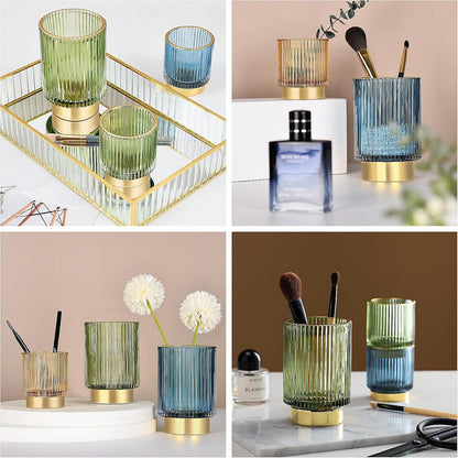 DASITON Makeup Brush holder Organizer,Crystal Cosmetic Makeup Brush Glass Brushes Storage Holder, Vintage Make Up Brush Cup Pen Pencil Holder striped vase(Blue S)