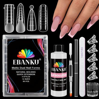 EBANKU Poly Gel Nail Forms - 96PCS Dual Forms for Builder Nail Extension, 4 Style 12 Size Dual Forms Set with 2.5oz Slip Solution, Brush, File, 5PCS Clips