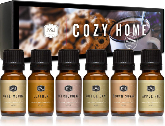 P&J Trading Cozy Home Set of 6 Fragrance Oils - Brown Sugar, Apple Pie, Coffee Cake, Café Mocha, Leather, Hot Chocolate Scented Oils for Candle Scents, Soap Making, Diffuser Oil