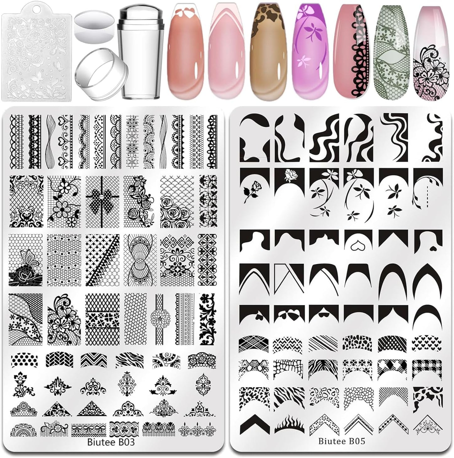 Biutee Nail Stamping Plates Set 2 PCS Large Plate 110 Patterns Nail Art Stamper Scraper Nail Stamp Template Kit French Line Lace Flower Design Masnicure Plates