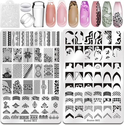 Biutee Nail Stamping Plates Set 2 PCS Large Plate 110 Patterns Nail Art Stamper Scraper Nail Stamp Template Kit French Line Lace Flower Design Masnicure Plates