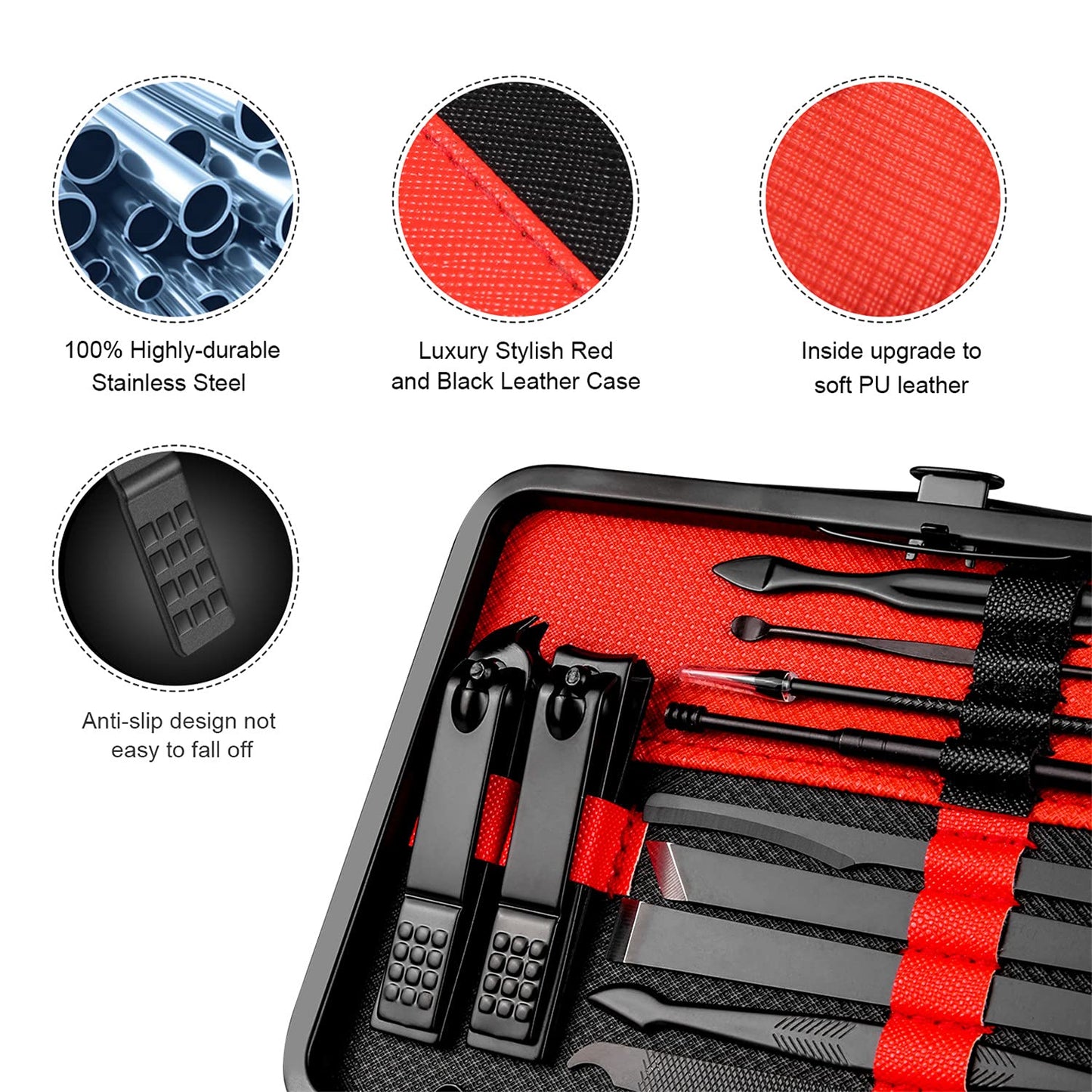 Manicure Set Professional Nail Clippers Kit Pedicure Care Tools- Stainless Steel Women Grooming Kit 18Pcs for Travel or Home (Red)