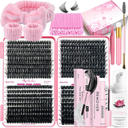 DIY Lash Extension Kit 630Pcs 10-18mm D Curl Lashes Clusters with Lash Bond and Seal Glue Remover Lash Shampoo Cleansing Brush Headband Wristband Tweezers Eyelash Brush Applicator