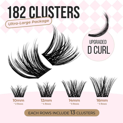PopUp Lash-Extension-Clusters 182pcs D Curl Lash Clusters Natural Look Cluster Lashes Extensions Super Thin Band & Soft Lashes Reusable 9-16mm MIX (C163)