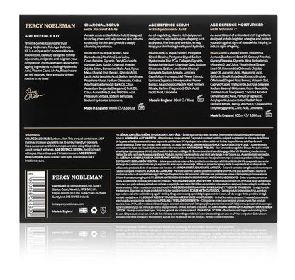 Percy Nobleman Age Defence Kit, a men's skincare set containing Charcoal Face Scrub (with Natural AHAs), ultra-hydrating Facial Serum (with Hyaluronic Acid), and Moisturiser (with Vitamin C)
