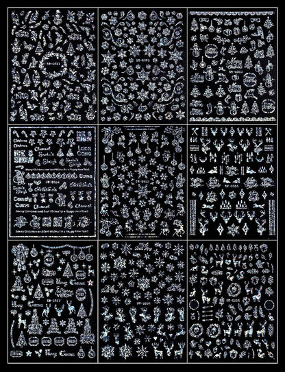 9 Sheets Merry Christmas Nail Art Stickers Decals Self-Adhesive Holiday Snowflakes Laser Silver Snowman Bell Nail Supplies Nail Art Design Decoration Accessories