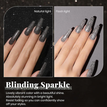 Beetles Black Gel Nail Polish, 1Pcs 15ML Glitter Gel Nail Polish Black Sparkle Reflective Shimmer Color Soak Off UV Lamp Disco Nail Art Manicure Salon DIY at Home Gifts for Her