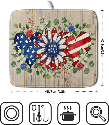 Independence Day Dish Drying Mat 16x18 inch Patriotic Love Heart Fast Dry Microfiber Dishes Drainer Rack Pad Kitchen Counter Accessories