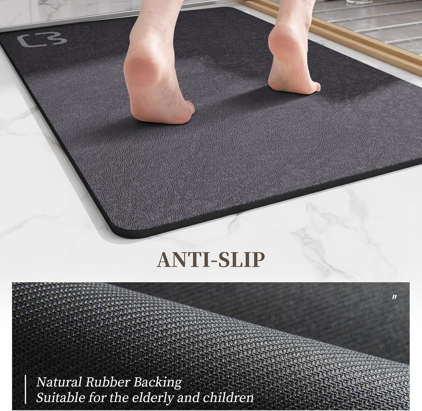 Diatomaceous Earth Bath Mat 17" x 59" Extra Long Bathroom Mat Large Fast Dry Super Absorbent Non-Slip Rubber Backed Shower Mat Bath Rugs Mats for Bathroom Floor, Tub, Shower, Sink, Dark Grey