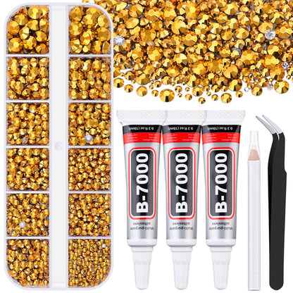 6000Pcs Resin Rhinestones for Bedazzling with 3Pcs B7000 Jewelry Glue, 1 Box Mine Gold Flatback Rhinestones for Crafting Crafts DIY, Crystals Gems for Clothing Shoes Tumblers Nail Art Makeup