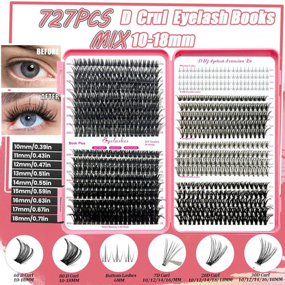 DIY Lash Extension Kit 727Pcs Lashes Clusters with Bottom Lashes Lash Bond and Seal Glue Remover Lash Shampoo Cleansing Brush Headband Wristband Tweezers Eyelash Brush Applicator