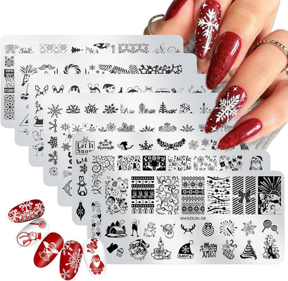 Christmas Nail Stamping Plates - Winter Stamp Kit with Snowflake, Santa Claus, Christmas Tree, Elk & Candy Bells Designs - DIY Stainless Steel Nail Image Polish Template Kit (8Pcs)