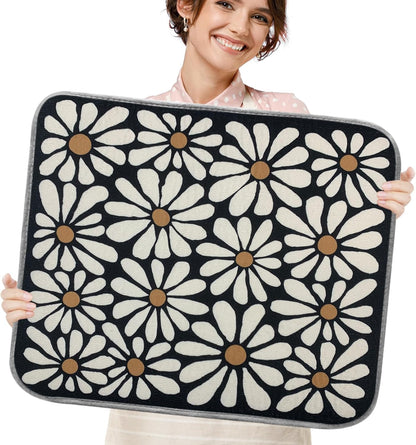 SHIYUE Dish Drying Mat for Kitchen Counter Super Absorbent Spring Kitchen Decor Microfiber Drying Matainers Rack Fast Pad Dish Drainer Mats(Black Flower,18''x24'')