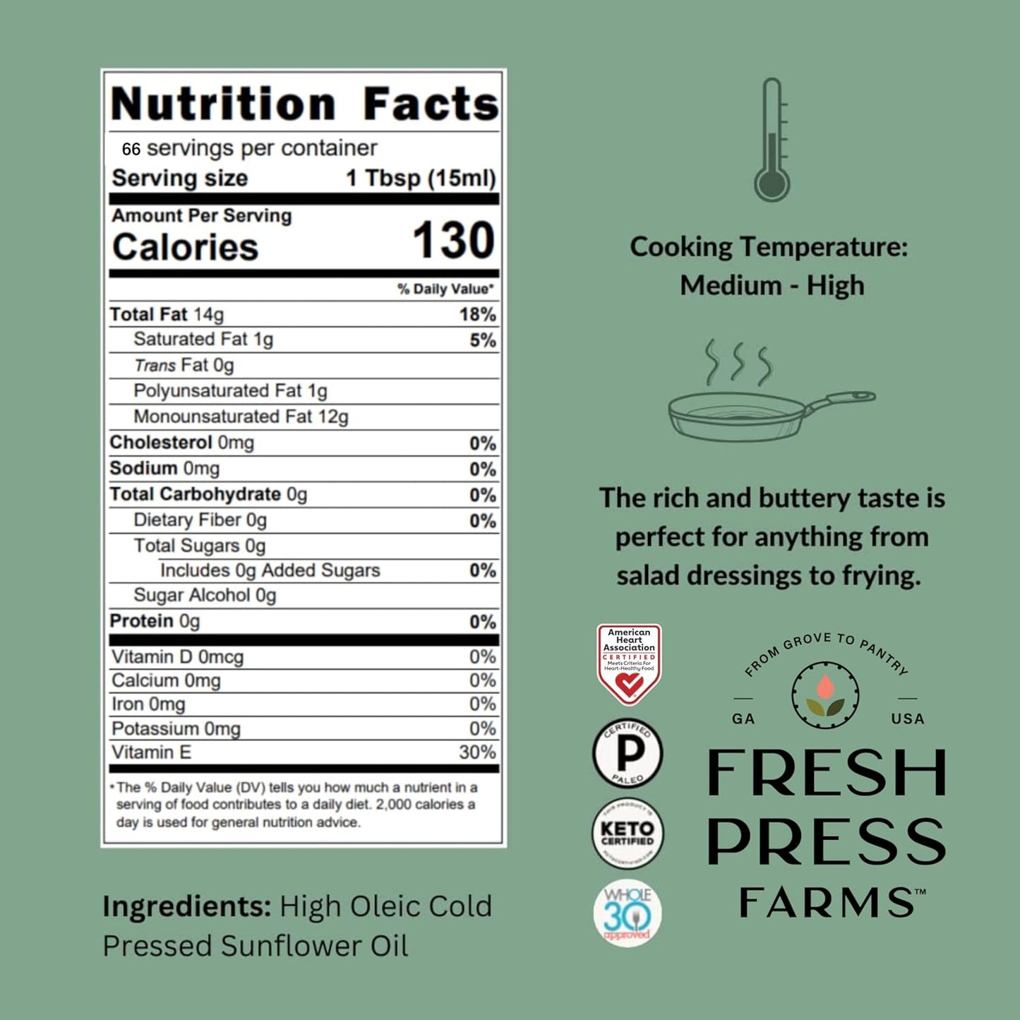 Fresh Press Farms Cold Pressed Extra Virgin Sunflower Oil, 33.8 Fl Oz, High Oleic, Georgia Grown, 100% American Made, Unrefined, Certified Whole30, Non-GMO, Keto, Paleo, Gluten Free