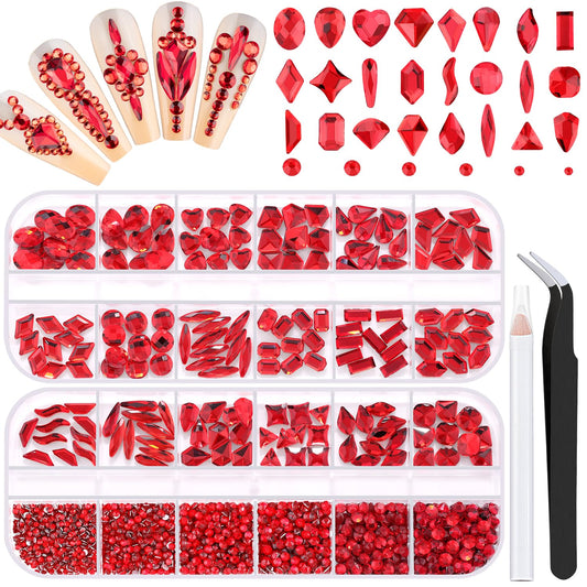 1680Pcs Red Glass Nail Rhinestones 180Pcs Multi Shapes Flatback Nail Gems + 1500Pcs 1.5-4mm Round Crystal, Manicure Nail Charms Diamond Gemstones for Acrylic Nails Decoration