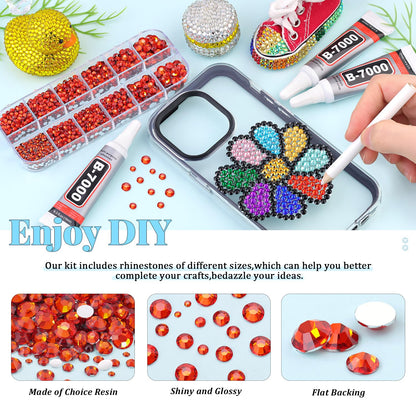6000Pcs Resin Rhinestones for Bedazzling with 3Pcs B7000 Jewelry Glue, 1 Box Red Zircon Flatback Rhinestones for Crafting Crafts DIY, Crystals Gems for Clothing Shoes Tumblers Nail Art Makeup