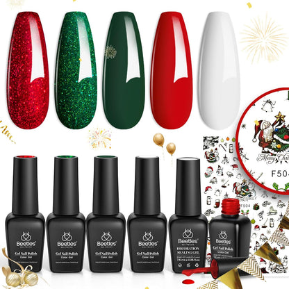 Beetles Green Gel Nail Polish Set, Sparkle Red Green Gel Polish Kit Soak Off UV LED Gel Nail Kit Manicure Gift with Nail Strengthener Gel
