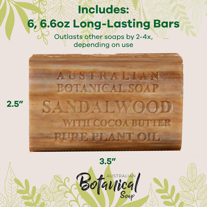 Australian Botanical Soap Sandalwood with Cocoa Butter 6.6 oz Luxury Soap Bars Enriched with Shea Butter, Suitable for Men, Women and All Skin Types, Pack of 6