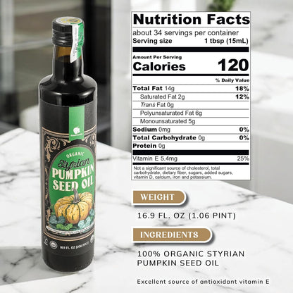 Gourmanity Organic Cold Pressed Styrian Pumpkin Seed Oil, Traditionally Made in Austria, 100% Pure Healthy and Delicious Oil, Non-GMO, Vegan and Keto Friendly, Perfect Drizzled Over Salads, 16.9 oz