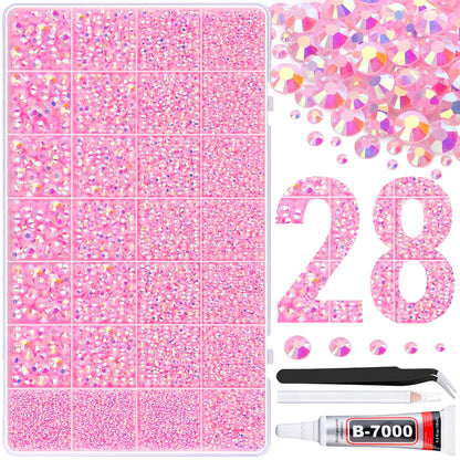 30000Pcs Resin Rhinestones for Bedazzling with Tweezers, Light Pink AB Rhinestones for Crafting with B7000 Jewelry Glue for DIY Crafts Clothing Tumblers Shoes Fabric Nail Art
