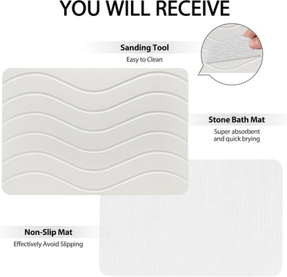 Absorbent Stone Bath Mat, Diatomaceous Earth Shower Mats, Non-Slip Water Absorbing Diatomite Stone Mat for Bathroom Floor, Quick-Drying Easy to Clean (23" x 16" White)