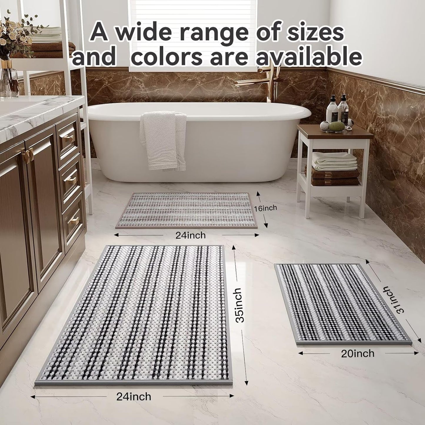 Bathroom Rugs Mat,Soft and Absorbent Chenille Bath Rugs, Ultra Thin Non-Slip Bath Carpet, Machine Wash Dry,Braided Bath Mat for Bathroom Floor,Tub and Shower, （Grey 24x35）