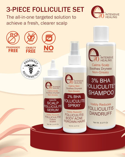 Folliculitis Treatment Shampoo with 3% BHA, Salicylic Acid, Tea Tree Oil & Chamomile Extracts - Anti Itch Shampoo for women & men with Irritated Flaky Scalp Treatment, Made in USA by e70, 8 fl oz
