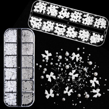 Bow Nail Art Charms with Rhinestones Glue Gel White Flatback Pearls Luxurious Nail Charms Supplies Accessories White Pearls Silver Steel Ball Nails Gems Jewelry for Women Nails Design