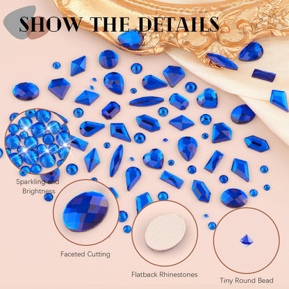 Royal Blue Glass Nail Rhinestones - 2680 Pcs Multi Shapes Flatback Gems + 2560 Pcs 1.5-4mm Round Crystal with Rhinestones Glue Gel for Nail Art