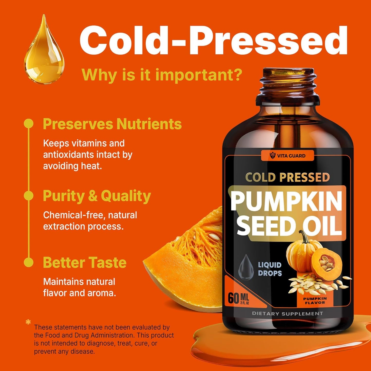 Cold Pressed Pumpkin Seed Oil Liquid Drops – 2000mg per Serving | Vegan, Gluten-Free, Non-GMO | Hair, Skin & Prostate Support | Natural Pumpkin Flavor | 60ml Dietary Supplement