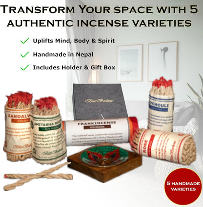Handmade Tibetan Incense Gift Set – 150 pcs Incense Variety Pack: Frankincense, Patchouli, Sandalwood, Rose, Amitabha Buddha, Incense Holder, 4 Rope Bundles and 1 Stick Bundle