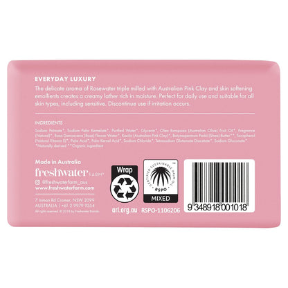 Castile Natural Bar Soap | Rosewater + Pink Clay | Australian Made + Family Owned | Triple-Milled with Australian Pink Clay | Recyclable Paper Wrap | 200g x 8pk