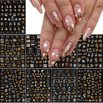 9 Valentines Nail Art Heart Stickers - Self-Adhesive Gold, 3D Rose Love Cupid Heart Letter Nail Decals for Women