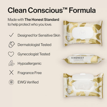 The Honest Company Flushable Wipes for Sensitive Skin | Fragrance Free, Hypoallergenic, 99% Water, Safe to Flush | pH Balanced Feminine Wipes | Gilded Wings, 42 Count