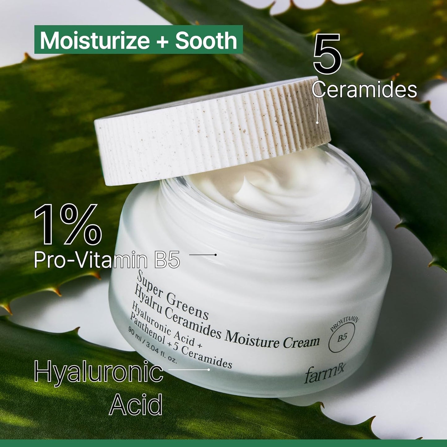 Farm Rx Super Greens Hyalru Ceramides Moisture Cream (3fl oz) - Rich Moisturizer, Strengthen Moisture Barrier, Deep Hydration. Korean Skin Care. Hyaluronic Acid, Panthenol, Vegan.