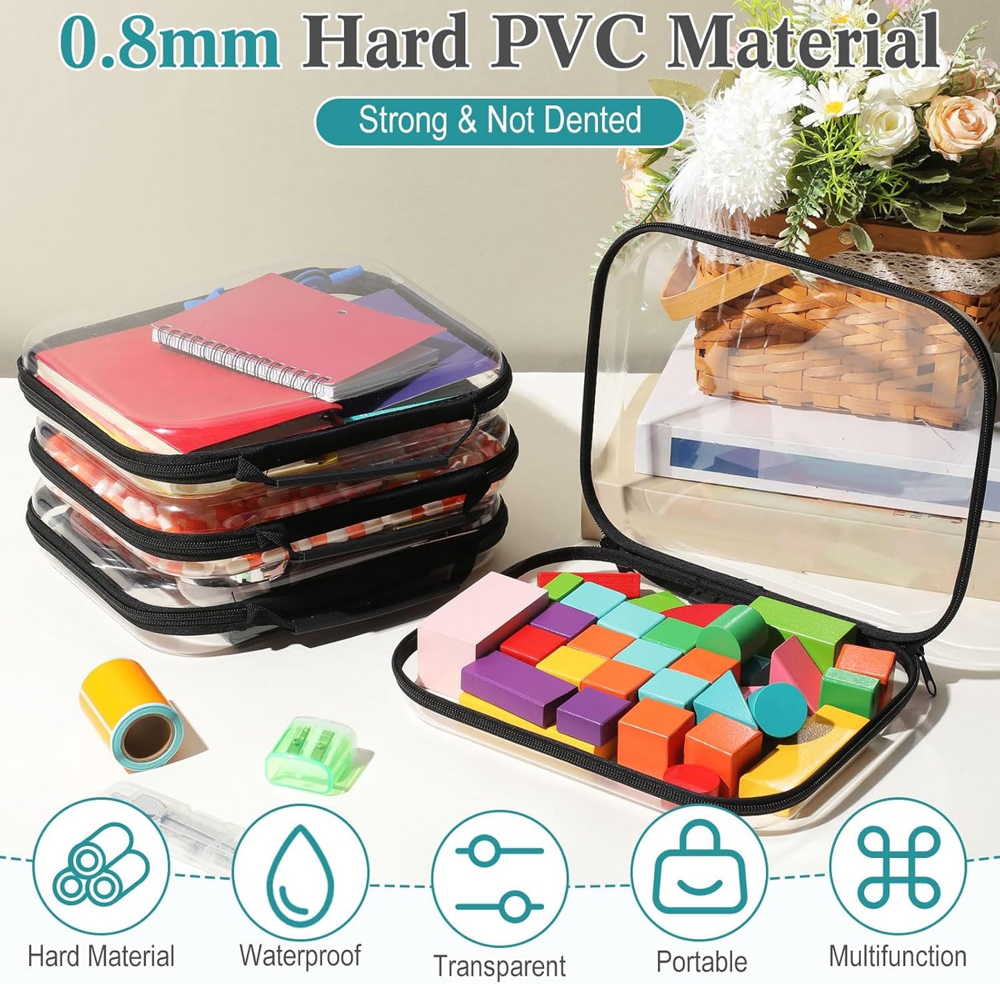 Sanwuta 4 Pcs Clear Hard Zipper Case with Handle Office Storage Cases Hard Plastic Pouches Transparent Bins for Crafts, Pencils, Snacks, Cosmetics, Puzzles(9.8 x 7.9 x 2 Inches,Black)