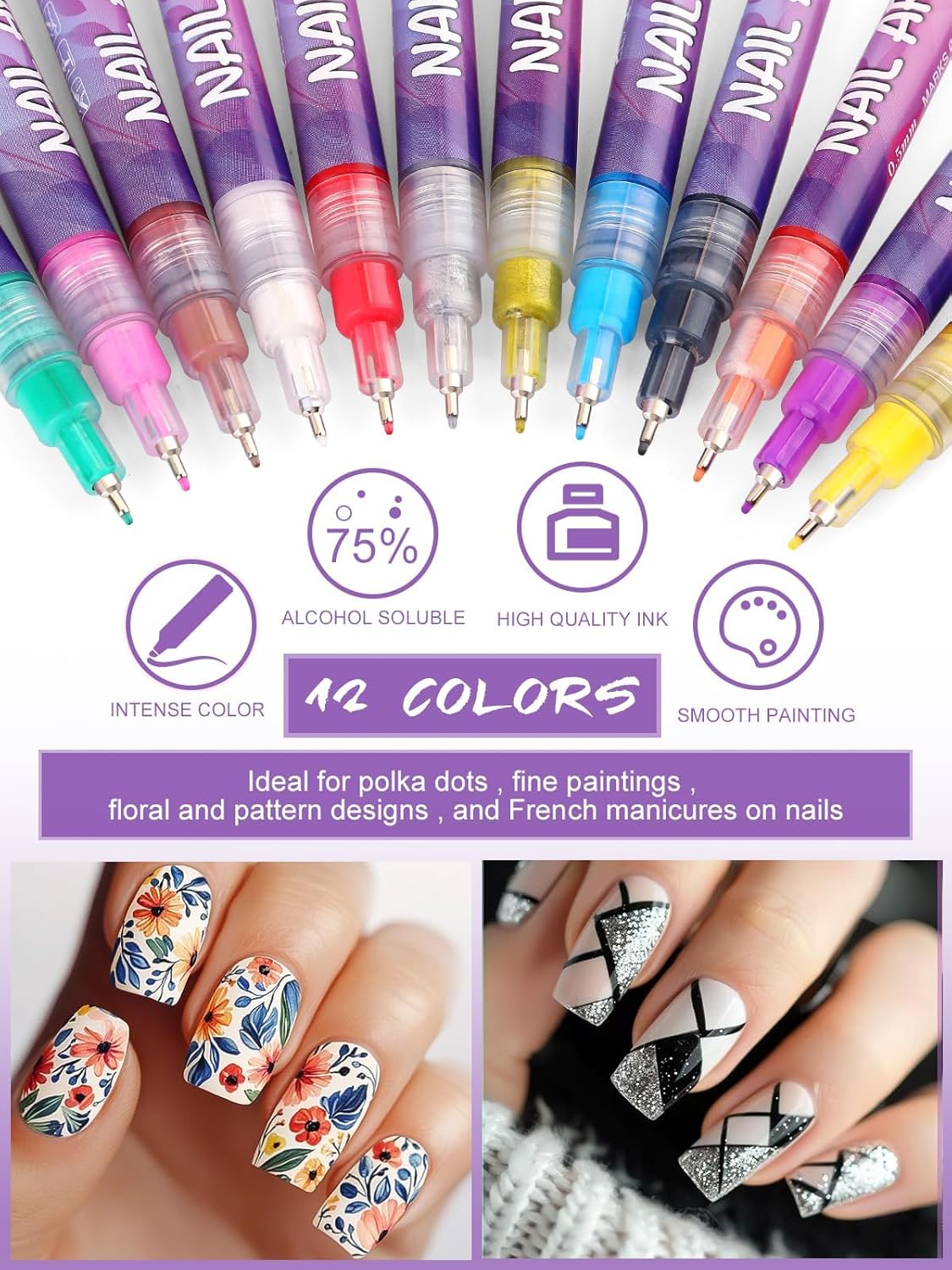 12 Colors Nail Art Pens Kit EBANKU 0.5MM Ultra-Fine Tip 3D Nail Polish Pens Quick-Dry Acrylic Paint Pens Nail Markers Dotting Tools for Home & Salon Manicure