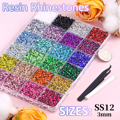 24000Pcs Resin Rhinestones for Crafting with Tweezers, Multicolor 3mm Bedazzling Crystal with 3Pcs 10ml B7000 Jewelry Glue for DIY Crafts Clothing Tumblers Shoes Fabric Nail Art