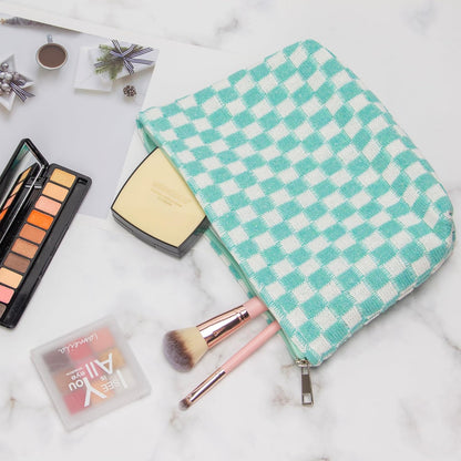 PAZIMIIK Knitted Checkered Makeup Bag Large Zipper Make Up Accessory Pouch for Purse Cosmetic Brush Bag for Travel Essential Arctic Blue