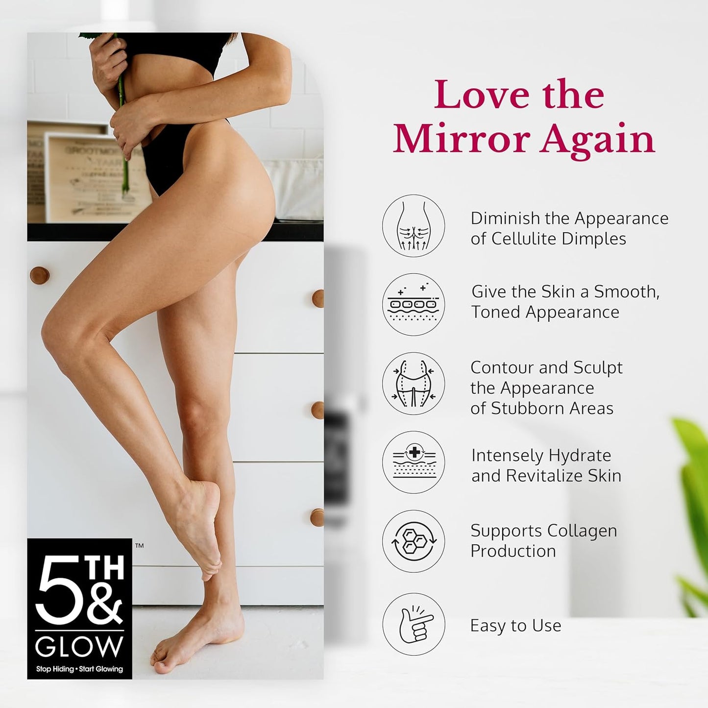 5th & Glow Cellulite Factor - Skin Tightening Cream for Body, Thighs, Legs & Butt - Skin Firming Anti-Cellulite Lotion for Smoother Skin & Stomach - 6 oz