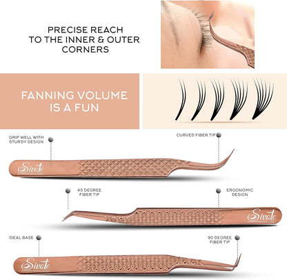 SIVOTE Eyelash Extension Tweezers Fiber Tips, Set of 6, Curved, Dolphin, 90 Degree 45 Degree, Volume Boot & Slight Curved Tweezer, Rose Gold