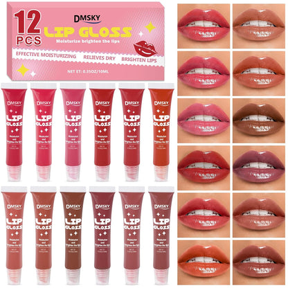 Dmsky 12 Pack Lip Gloss Set, 12 Colors Lip Oil for Dry Cracked Lips, Moisturizing Lip Balm Infused with Vitamin E for a Sheer Tint Of Color