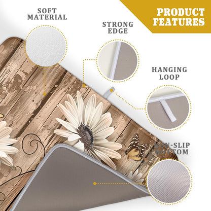 Summer Daisy Flowers Dish Drying Mat for Kitchen Counter 16x18in Rustic Wood Floral Kitchen Mat Daisy Microfiber Absorbent Dish Drainer Mat Fast Dry Kitchen Accessories Dishes Pad for Countertops