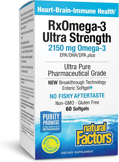 Natural Factors RxOmega-3 Ultra Strength Fish Oil with Vitamin D3, High Potency Formula, 2,150 mg, No Fishy Aftertaste, 60 Softgels