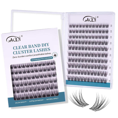 GAQQI Lash Clusters Wispy & Natural Eyelash Clusters Clear Band, 10-14mm Cluster Lashes 120PCS, Cluster Eyelash Extensions C Curl, Cluster Lashes Ultra-thin & Soft Invisivle Band (FEATHER)