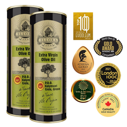 Ellora Farms, Single Estate Extra Virgin Olive Oil, PDO Crete, Greece, Traceable Olive oil, Kosher, 17 oz. Tin, Pack of 2