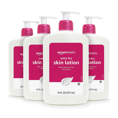 Amazon Basics Body Lotion for Extra-Dry Skin with Vitamins B5 & E, Clean Scent, 16 fl oz, Pack of 4 (Previously Solimo)